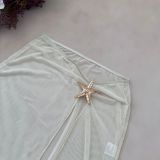 SexySolid Color Halter Neck One-Piece Swimsuit Slit Long Mesh Skirt Set