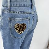 Women Fashion Heart Print Leopard Pocket Low-Rise Wide-Leg Straight Denim Pants