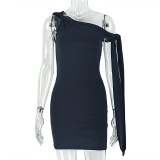 Women Solid Chic Ruched Slash Shoulder Sleeveless Lace-Up Bodycon Mini Dress