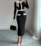 Women Autumn/Winter Chic Slim-Fit Black & White Color-Block Bodycon Long Dress