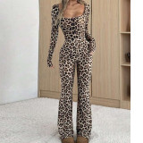Women Autumn Sexy Slim-Fit Square-Neck Leopard Print Jumpsuit