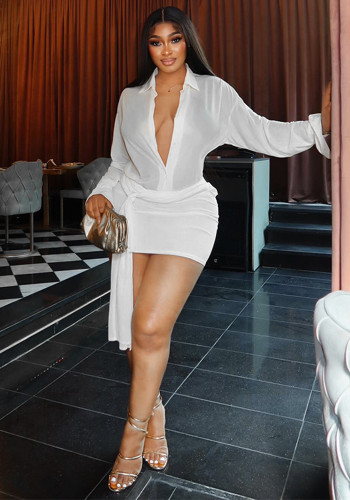 Women Solid Ruched Lace-Up Deep V-Neck Long Sleeve Sexy Bodycon Mini Dress