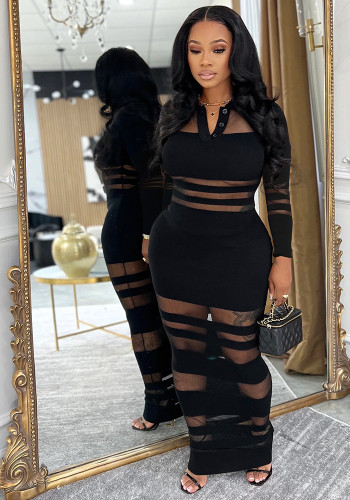Women Autumn/Winter Mesh Patchwork Slim-Fit Slim-Waist Bodycon Long Dress