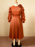 Women Plus Size Brown Floral Ruffle Sleeve Pleated Chic Party Dress