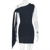 Women Solid Chic Ruched Slash Shoulder Sleeveless Lace-Up Bodycon Mini Dress