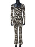 Women Autumn Sexy Slim-Fit Square-Neck Leopard Print Jumpsuit