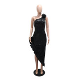 Women Slash Shoulder Sequin Split Pleated Ruffle Dress