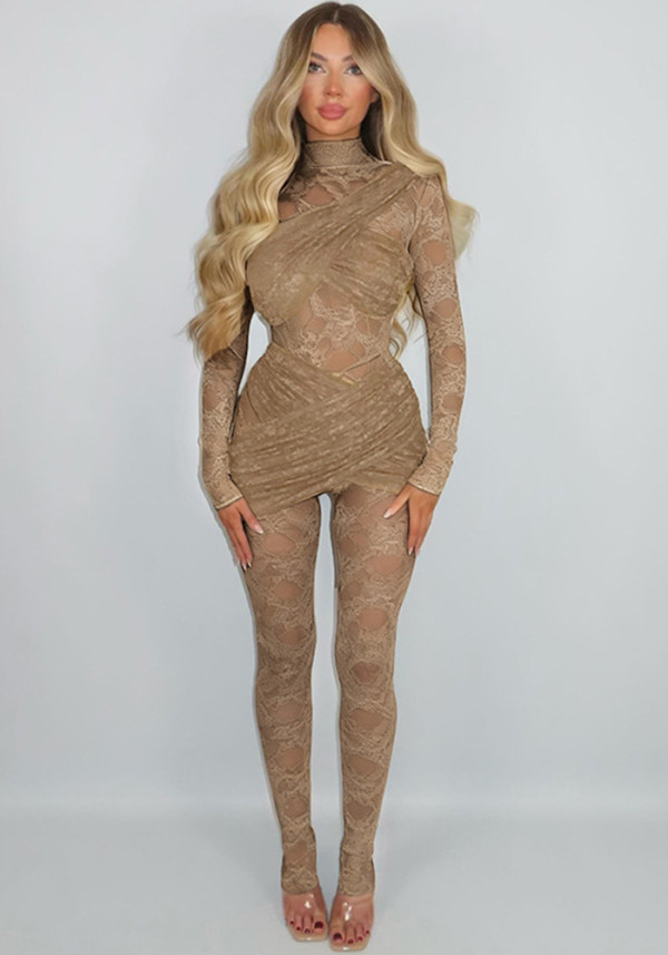 Women Patchwork See-Through Lace Long Sleeve Tight-Fitting Jumpsuit