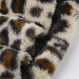 Women Leopard Fuzzy Patchwork Leather Strapless Top Sexy Bodycon Skirt Two-Piece Set