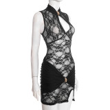 Women Sexy Slim-Fit Lace Patchwork Cut-Out Sleeveless Split Dress