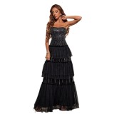 Women Vertical Stripe Strapless Long Cocktail Party Dress
