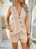 Casual Solid Color Button Vest and Shorts Two Piece Set