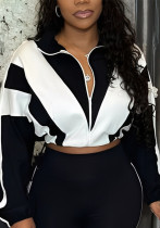 Women Color-Block Zip-Up Drawstring Jacket Elastic Comfortable Outerwear