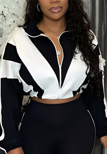 Women Color-Block Zip-Up Drawstring Jacket Elastic Comfortable Outerwear