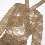 Women Patchwork See-Through Lace Long Sleeve Tight-Fitting Jumpsuit