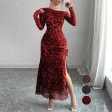 Women Fashion Leopard Print Slim-Fit Split Dress