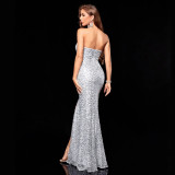 Women Silver Sequin Strapless Mermaid Party Evening Gown