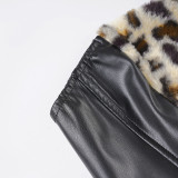 Women Leopard Fuzzy Patchwork Leather Strapless Top Sexy Bodycon Skirt Two-Piece Set