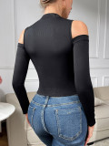 Women Sexy Black Cut-Out Lace Patchwork Long Sleeve Tight-Fit T-Shirt