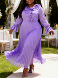 Women Plus Size Ruffle Long Sleeve Pleated Elegant Formal Party Dress