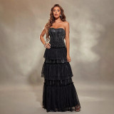 Women Vertical Stripe Strapless Long Cocktail Party Dress