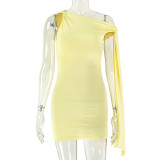 Women Solid Chic Ruched Slash Shoulder Sleeveless Lace-Up Bodycon Mini Dress