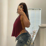 Women Plunge Neck Halter Low Back Lace-Up Top & Shorts Two-Piece Set