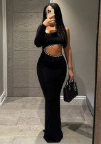 Women Beaded Decoration Slim-Fit Open-Waist Irregular Single-Sleeve Evening Dress