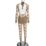 Women Patchwork See-Through Lace Long Sleeve Tight-Fitting Jumpsuit