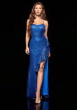 Women Strap Sequin Sexy Low-Back Split Evening Gown