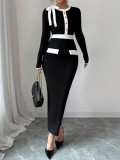 Women Autumn/Winter Chic Slim-Fit Black & White Color-Block Bodycon Long Dress