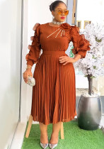 Women Plus Size Brown Floral Ruffle Sleeve Pleated Chic Party Dress