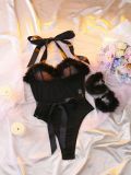 Women Plush See-Through Halter Lace-Up Bodysuit Lingerie Set