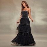 Women Vertical Stripe Strapless Long Cocktail Party Dress