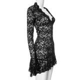 Women Spring Sexy V-Neck Lace Ruffle See-Through Bodycon Mini Dress