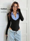 Women Color-Block Patchwork Turndown Collar Button-Up Fake Two-Piece Bodysuit