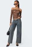Women Fashion Heart Print Leopard Pocket Low-Rise Wide-Leg Straight Denim Pants