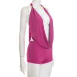 Women Plunge Neck Halter Low Back Lace-Up Top & Shorts Two-Piece Set