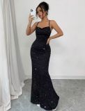 Women Red Sequin Strapless Halter Mermaid Slim-Fit Evening Gown