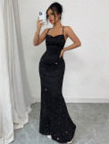 Women Red Sequin Strapless Halter Mermaid Slim-Fit Evening Gown