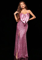 Women Pink Sequin Sexy Split Mermaid Bow Party Evening Dress