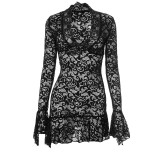 Women Spring Sexy V-Neck Lace Ruffle See-Through Bodycon Mini Dress