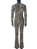 Women Autumn Sexy Slim-Fit Square-Neck Leopard Print Jumpsuit