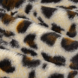 Women Leopard Fuzzy Patchwork Leather Strapless Top Sexy Bodycon Skirt Two-Piece Set