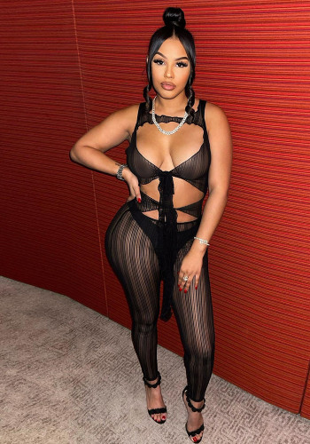 Women Spring Sexy Cut-Out Mesh See-Through Lace-Up Sleeveless Bodysuit