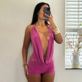 Women Plunge Neck Halter Low Back Lace-Up Top & Shorts Two-Piece Set