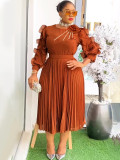 Women Plus Size Brown Floral Ruffle Sleeve Pleated Chic Party Dress