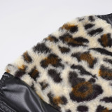 Women Leopard Fuzzy Patchwork Leather Strapless Top Sexy Bodycon Skirt Two-Piece Set