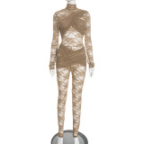 Women Patchwork See-Through Lace Long Sleeve Tight-Fitting Jumpsuit