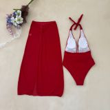 SexySolid Color Halter Neck One-Piece Swimsuit Slit Long Mesh Skirt Set